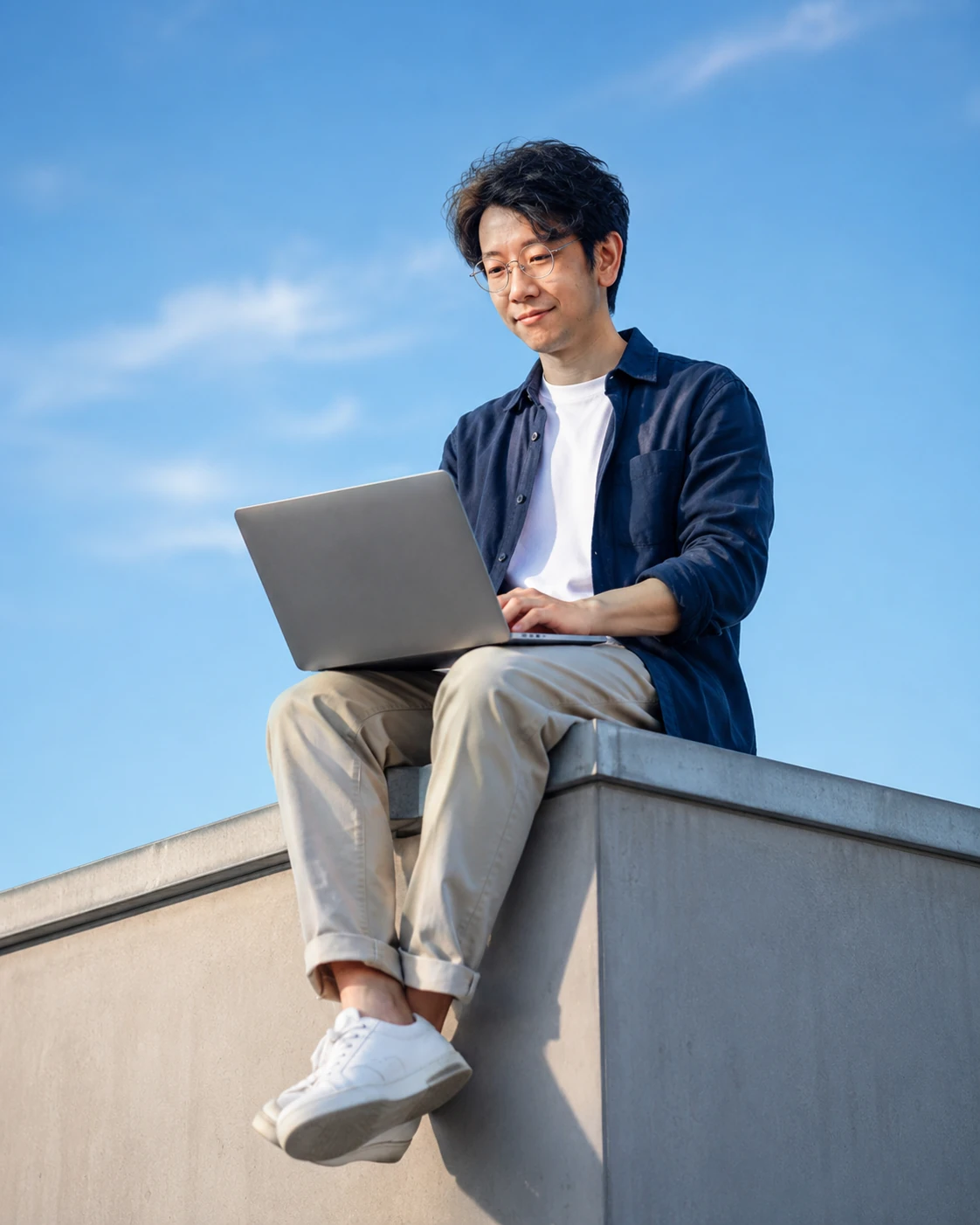 Marcus Yick working on a laptop outdoors