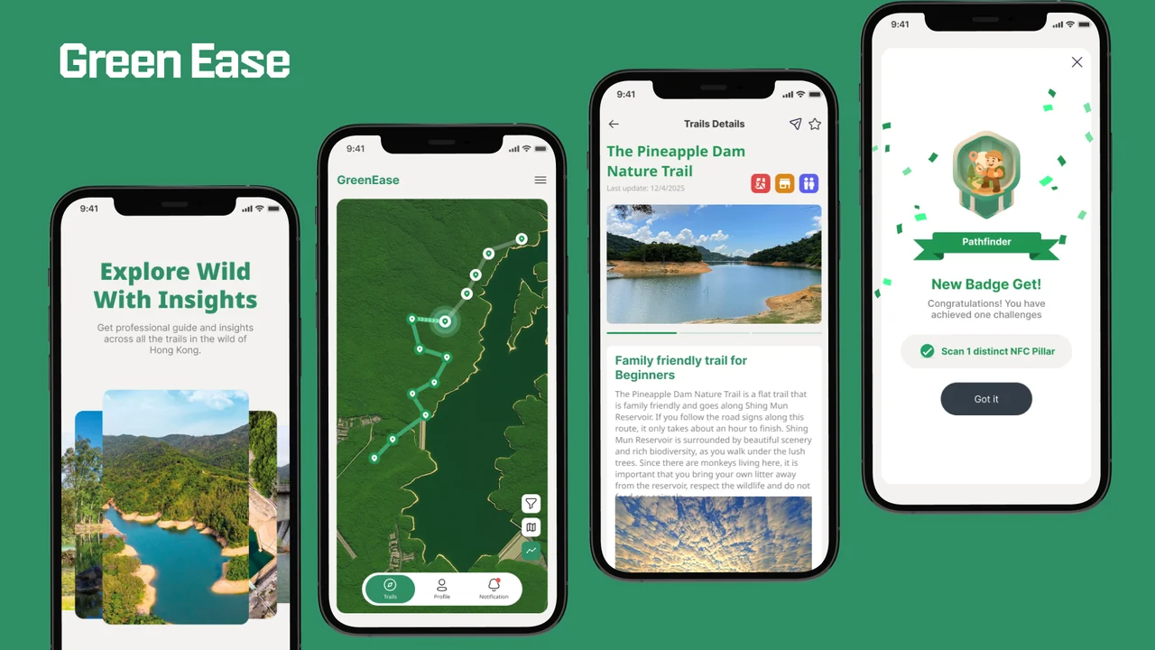 GreenEase hiking app screens