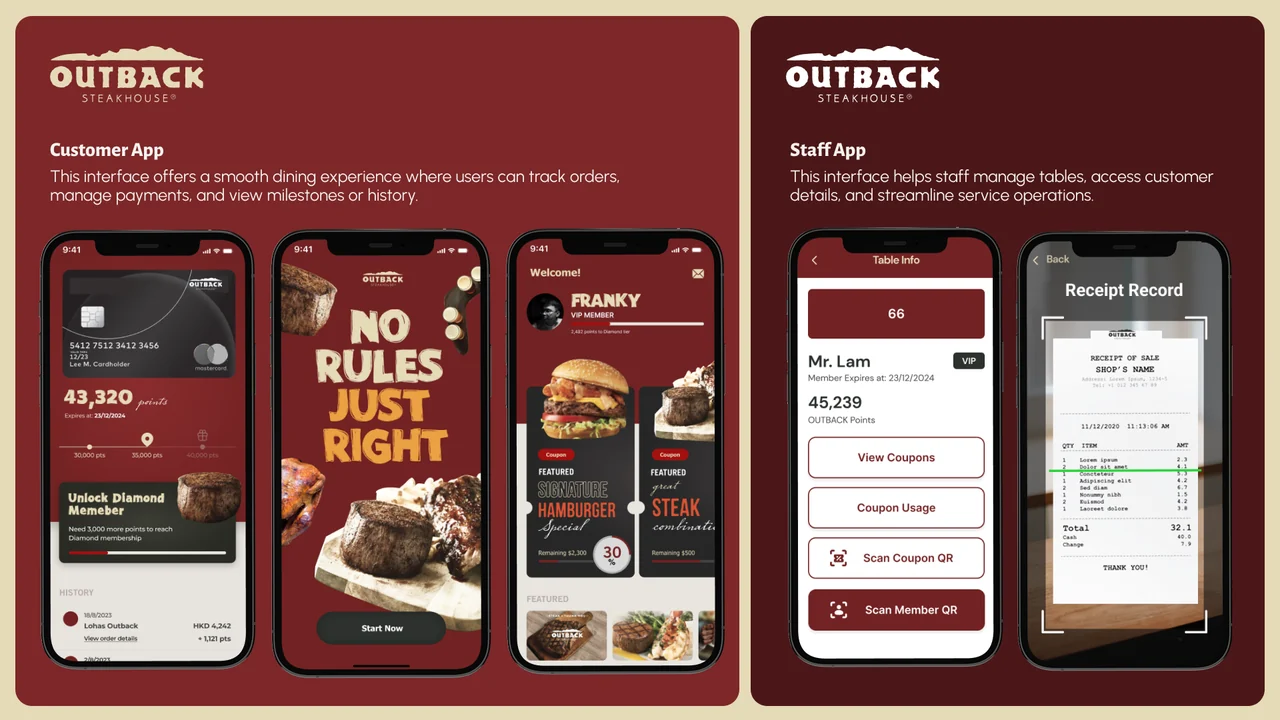 Outback customer and staff dining app screens